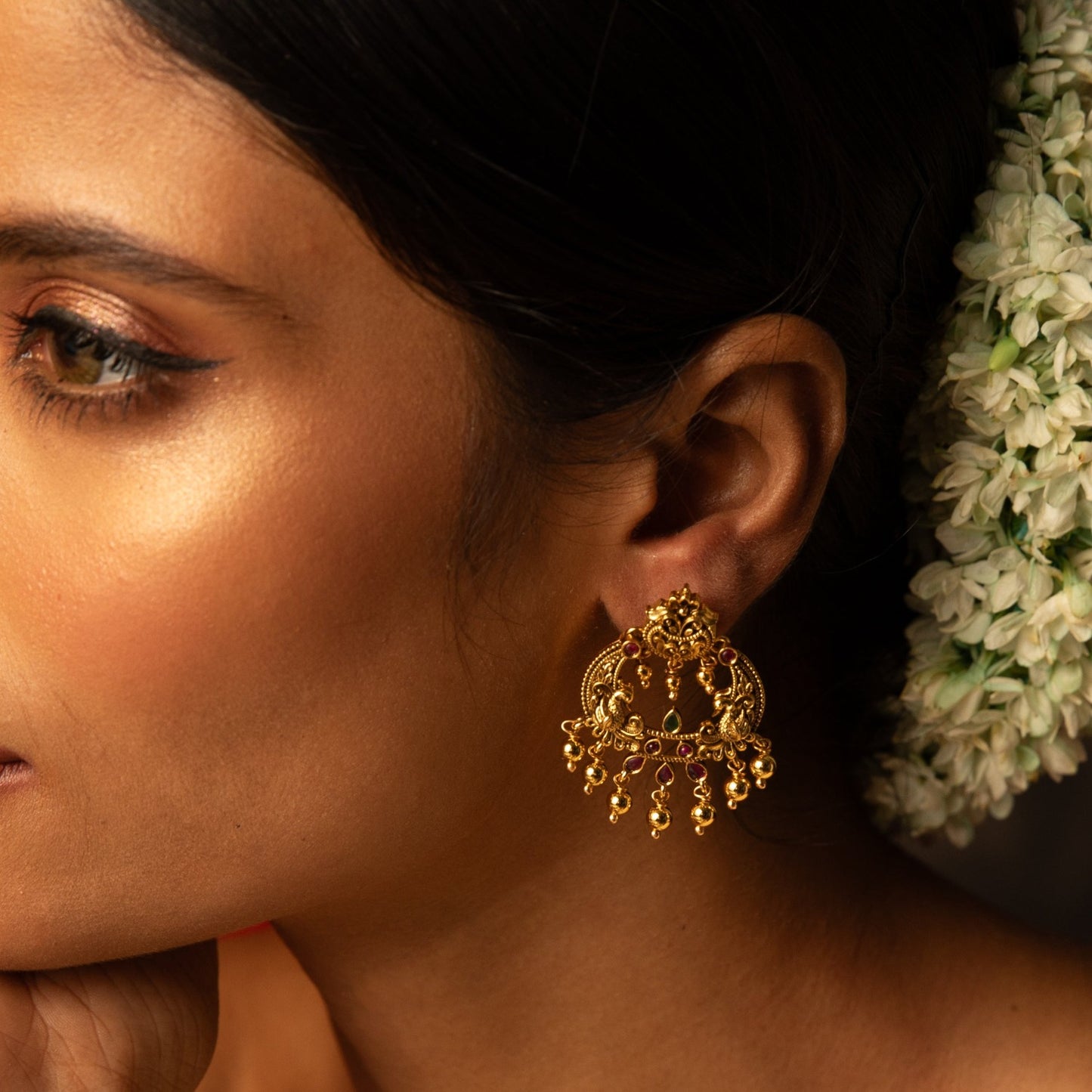 Bhagya Temple Silver Chandbali Earrings