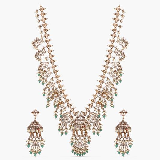 Elephant Floral Moissanite Silver Long Necklace Set