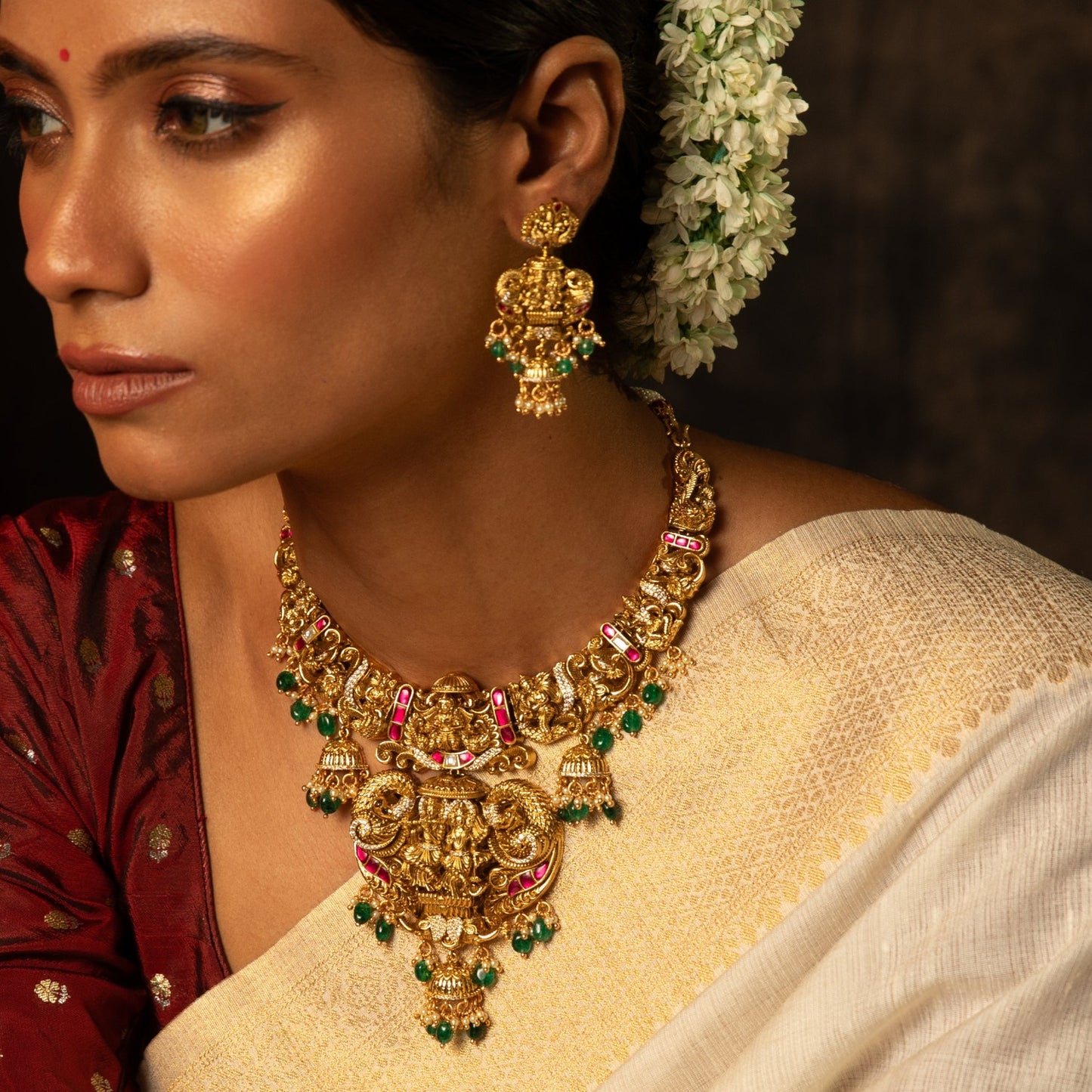 Murli Antique Temple Silver Necklace Set