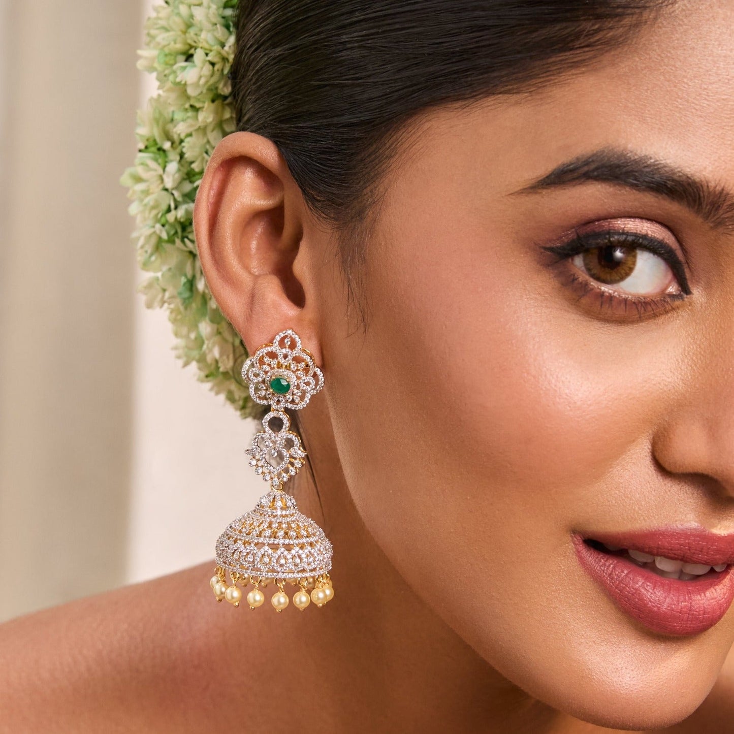 Camellia Floral CZ Silver Jhumka Earrings