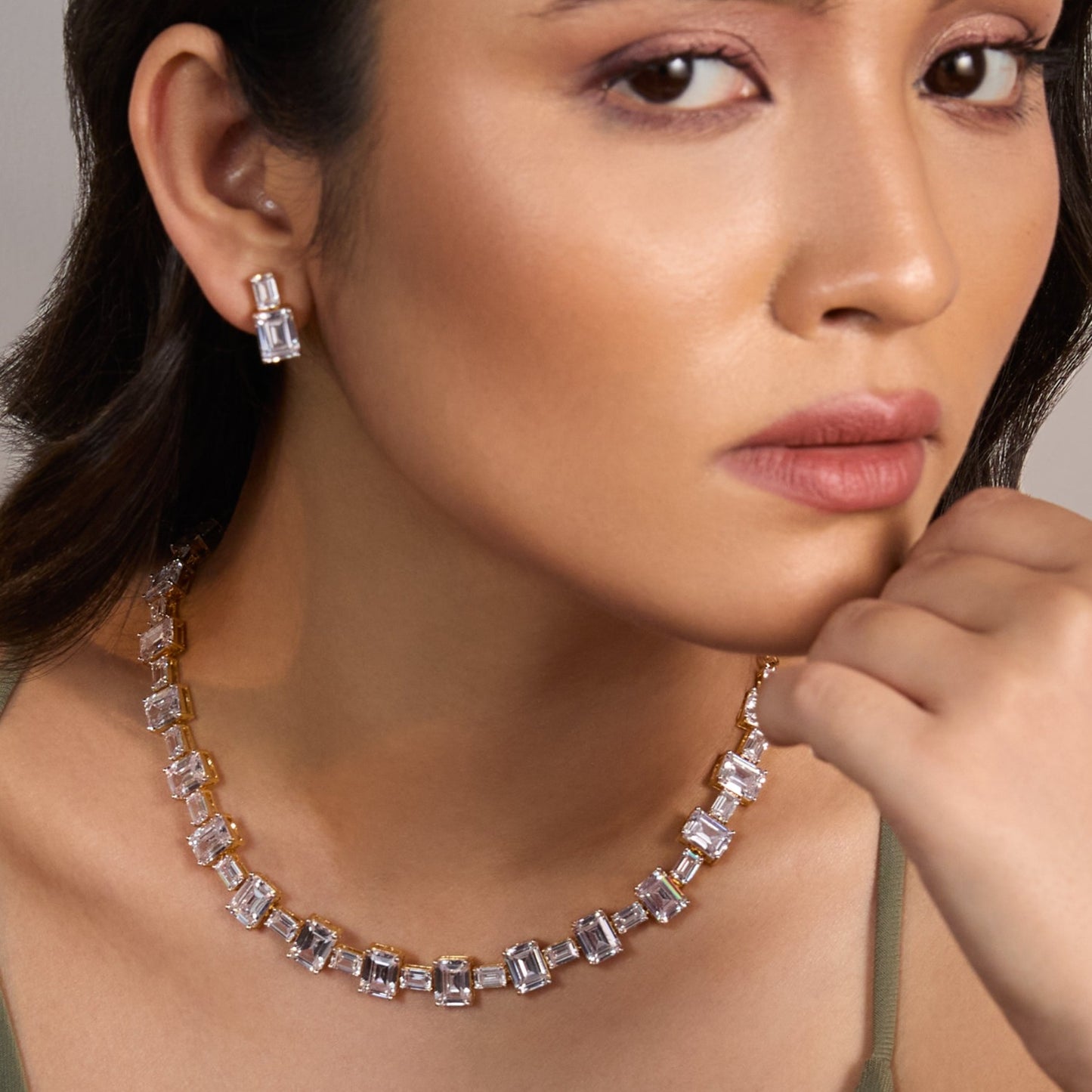 Cascading Emerald cut CZ Silver Necklace Set