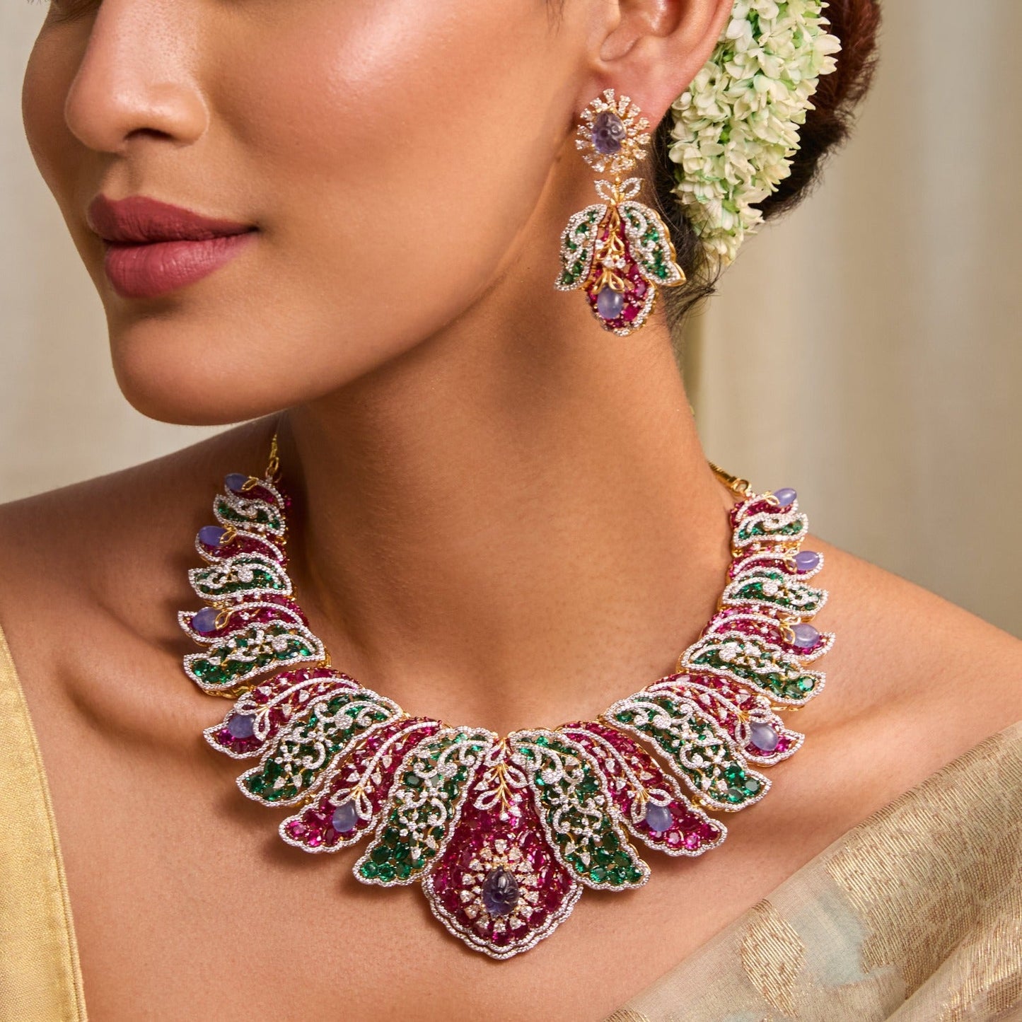 Floral Brocade Statement Silver Necklace Set