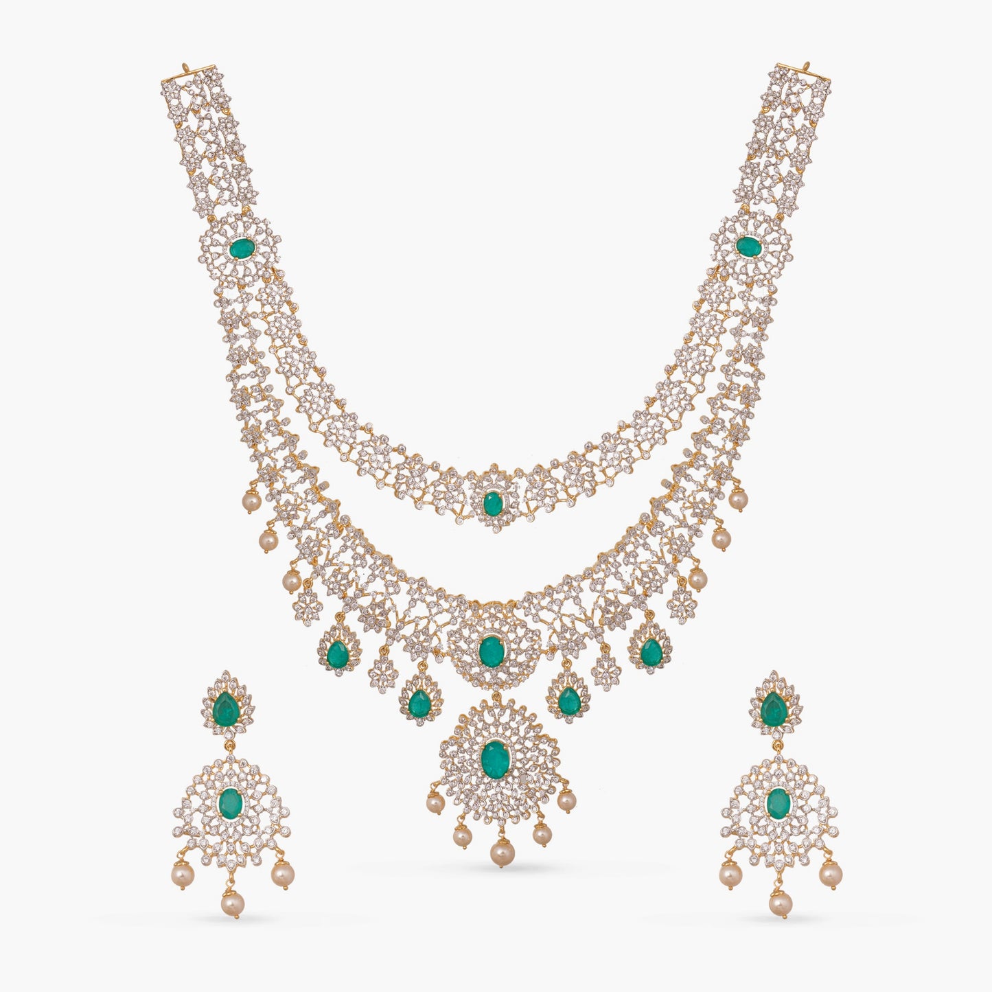 Rhea Double Layered CZ Silver Necklace Set