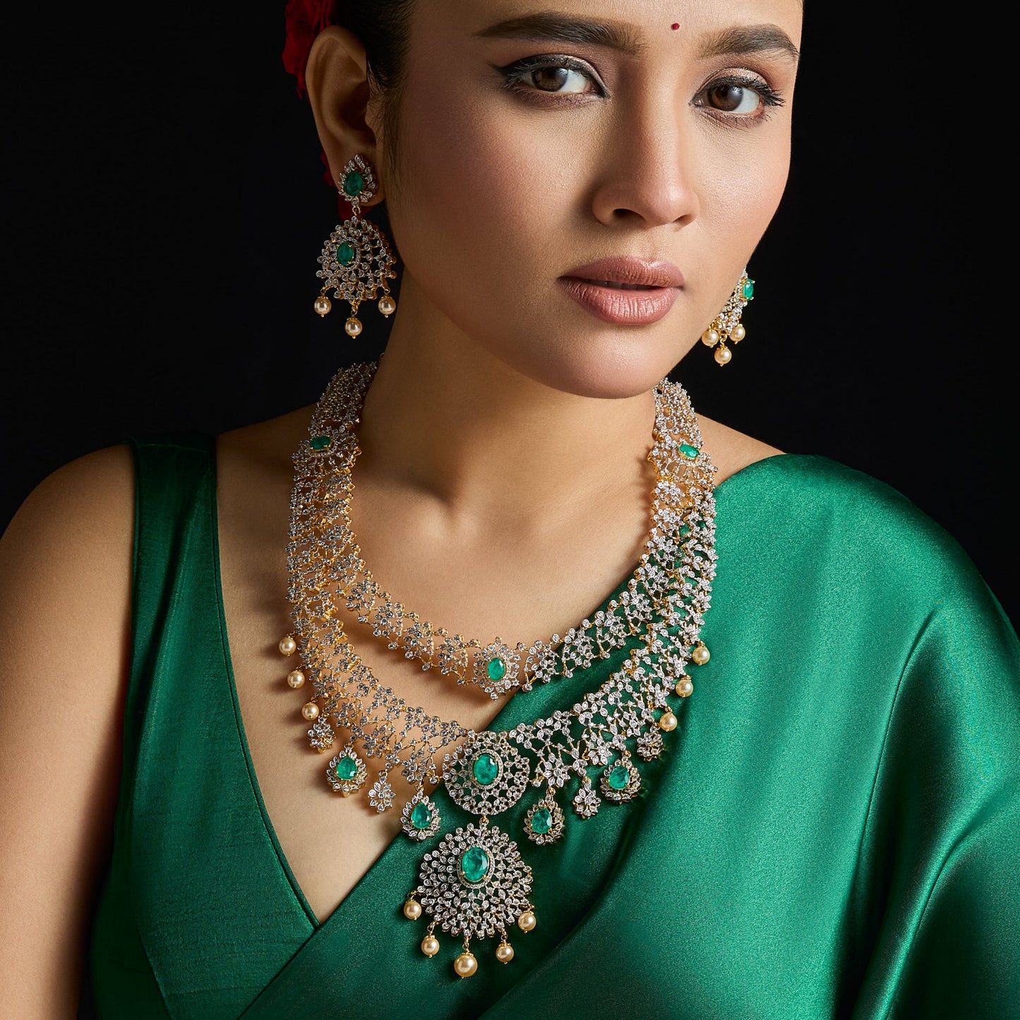 Rhea Double Layered CZ Silver Necklace Set
