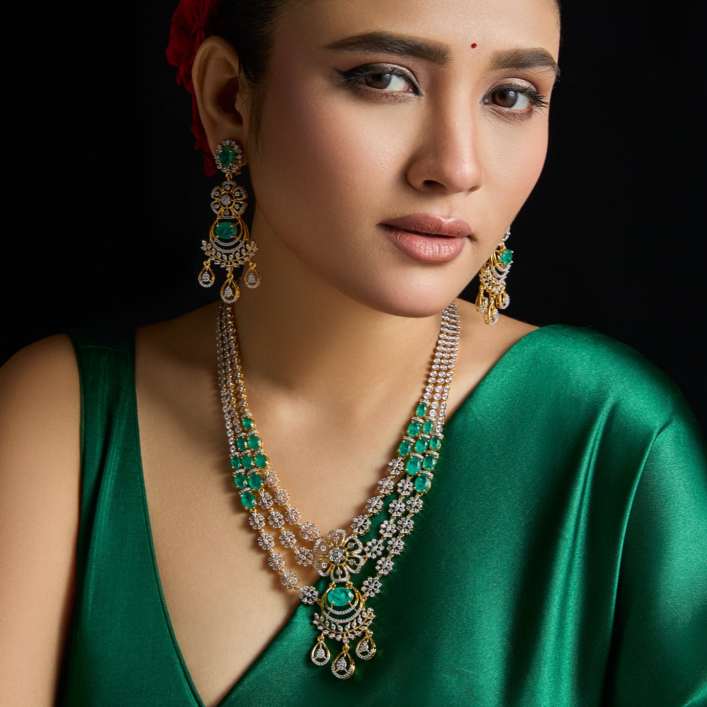 Pushpa Floral Layered CZ Silver Necklace Set