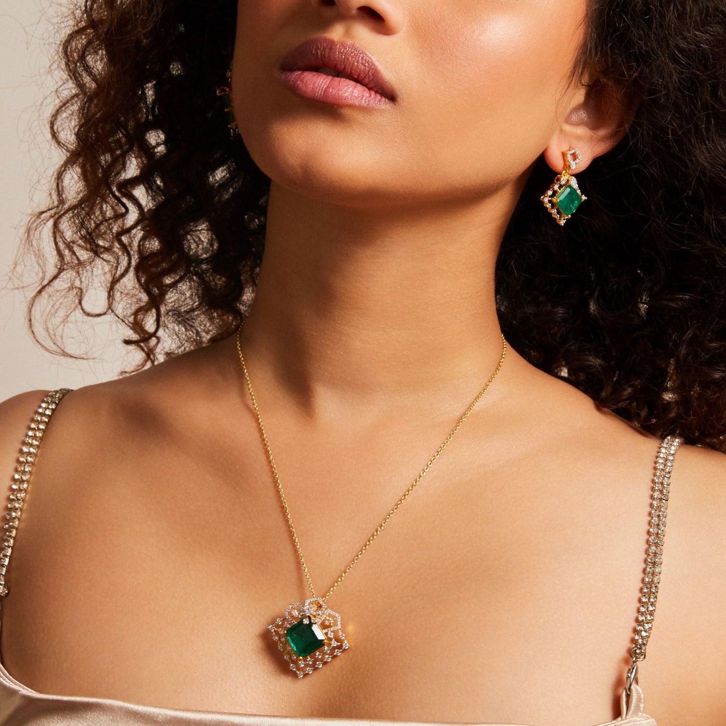 Emerald Sparkle CZ Silver Pendant Set