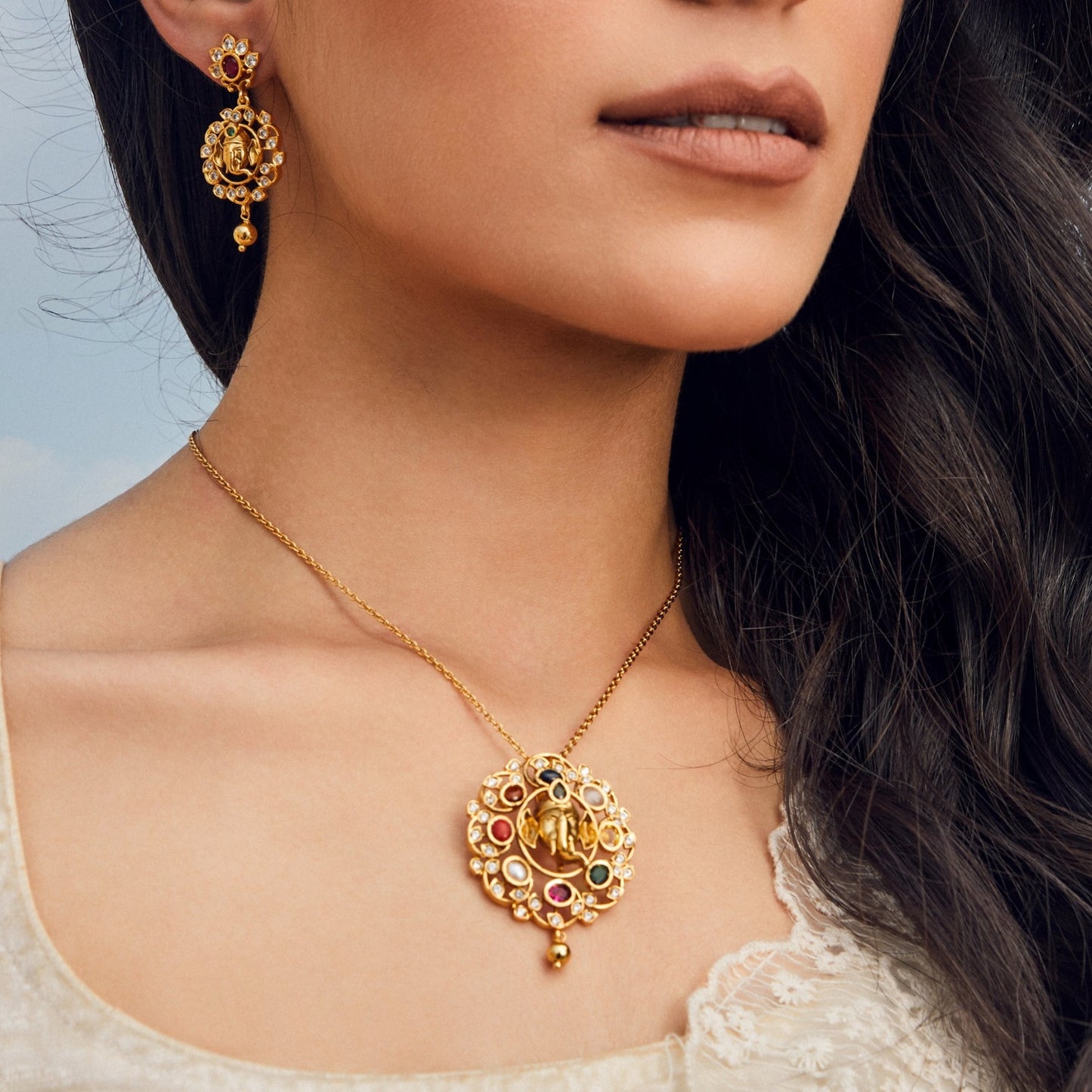 Vidmaya Navaratna CZ Silver Pendant Set