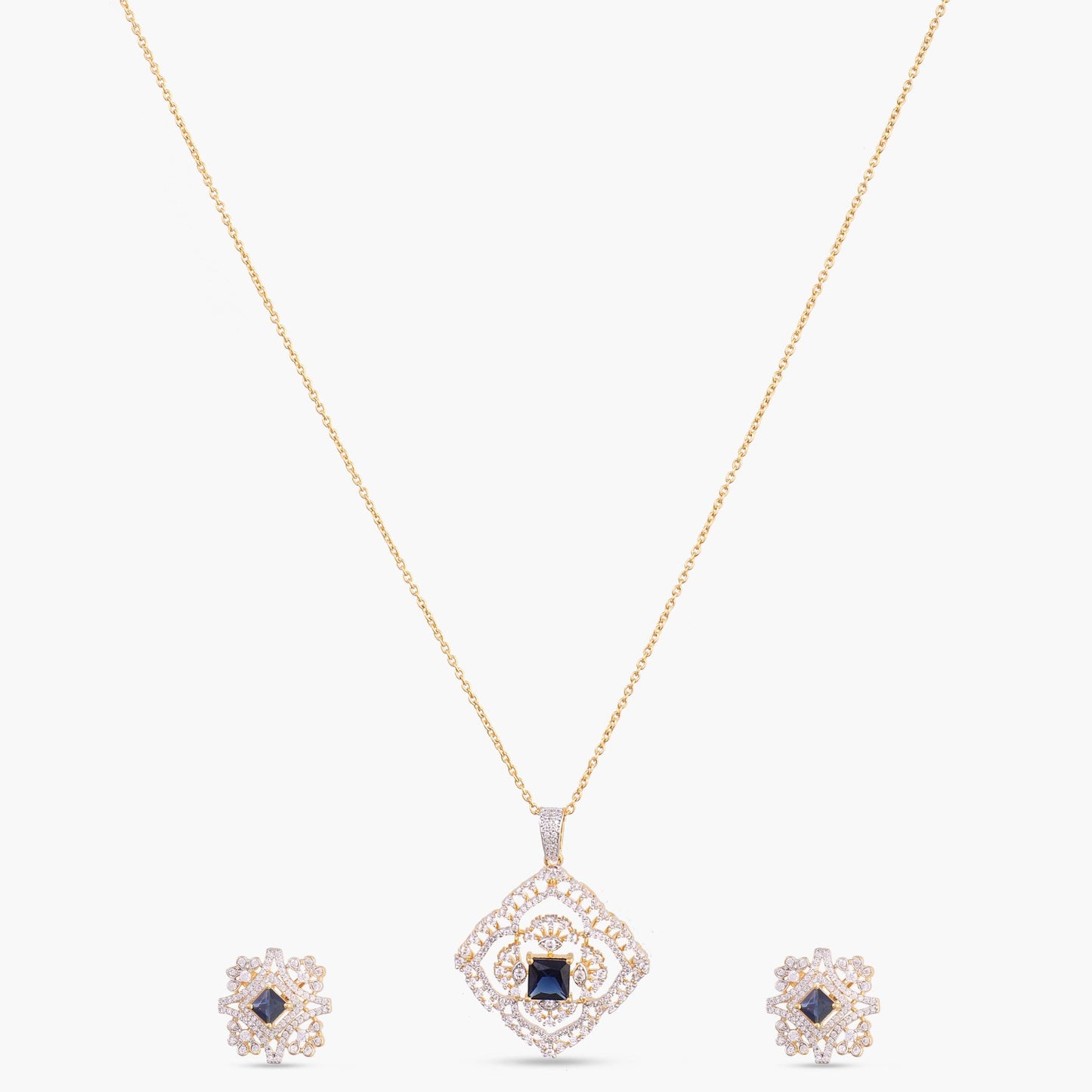 Sapphire Bloom CZ Silver Pendant Set