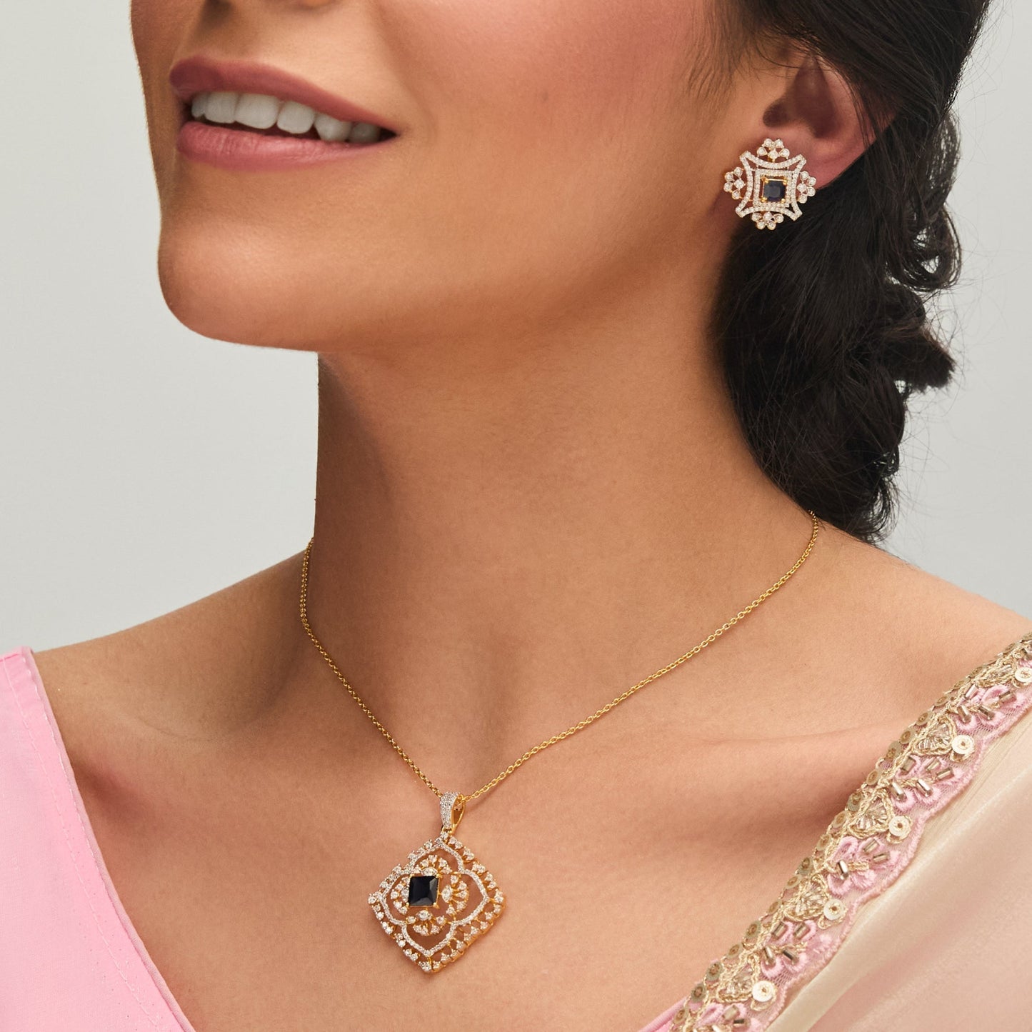 Sapphire Bloom CZ Silver Pendant Set