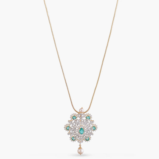Nivriti Green & White CZ Silver Pendant Necklace