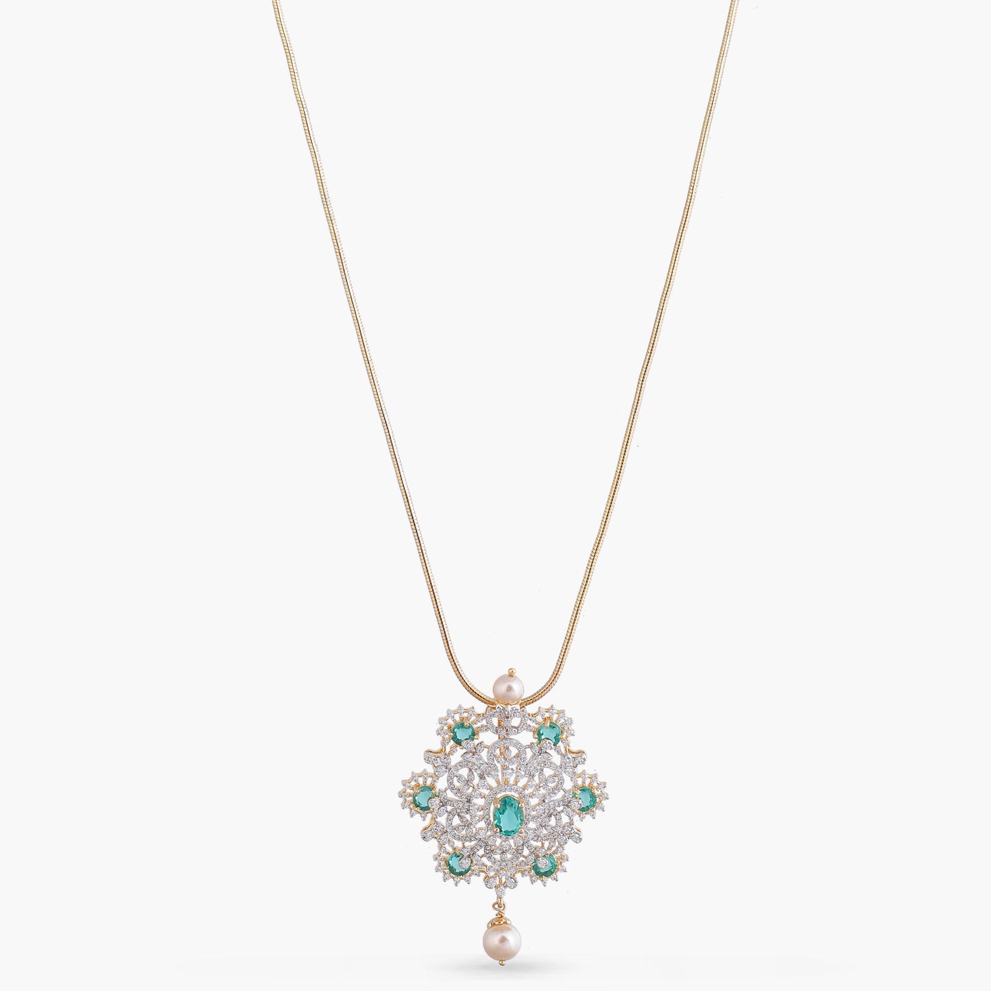 Nivriti Green & White CZ Silver Pendant Necklace