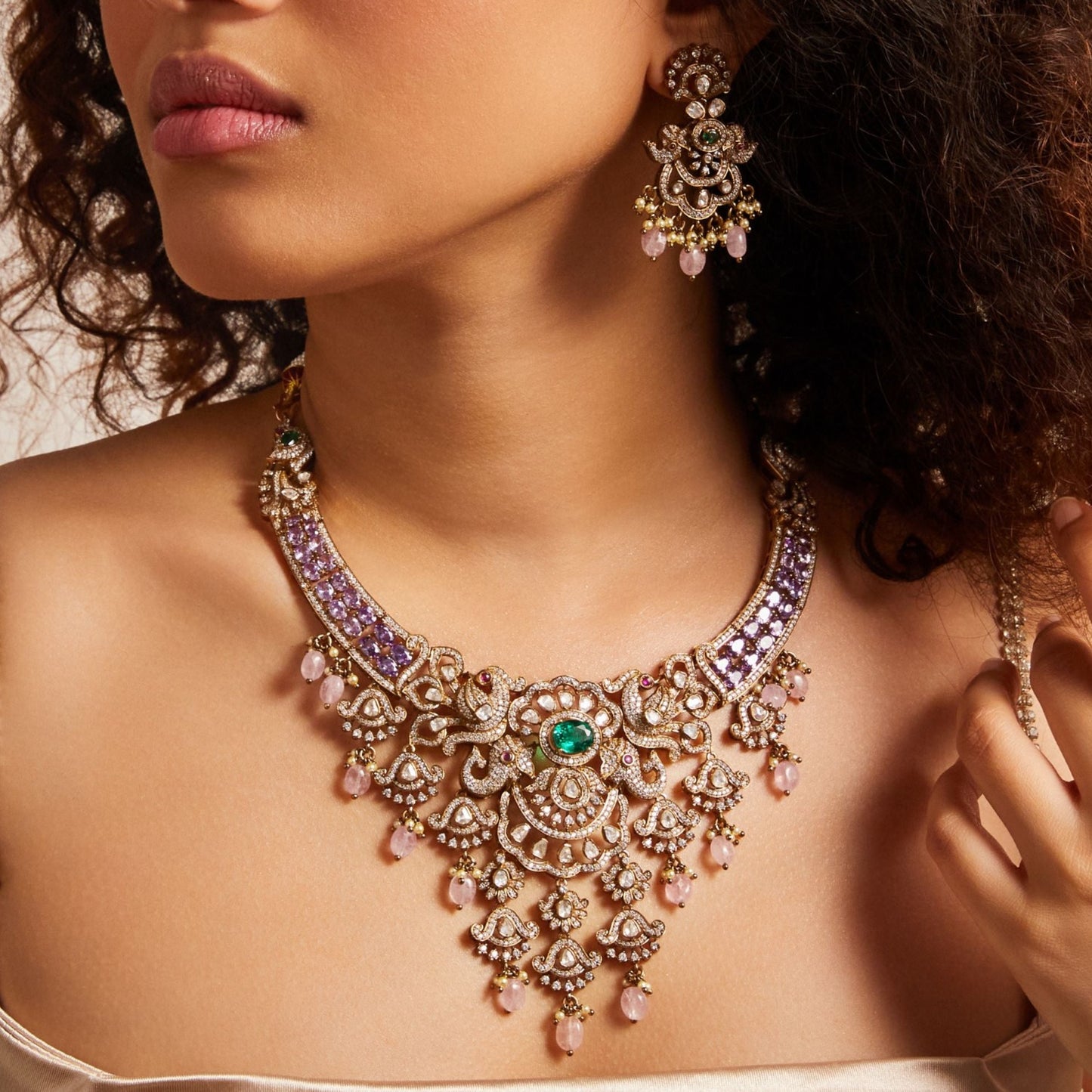 Elephant and Peacock Moissanite Silver Necklace Set