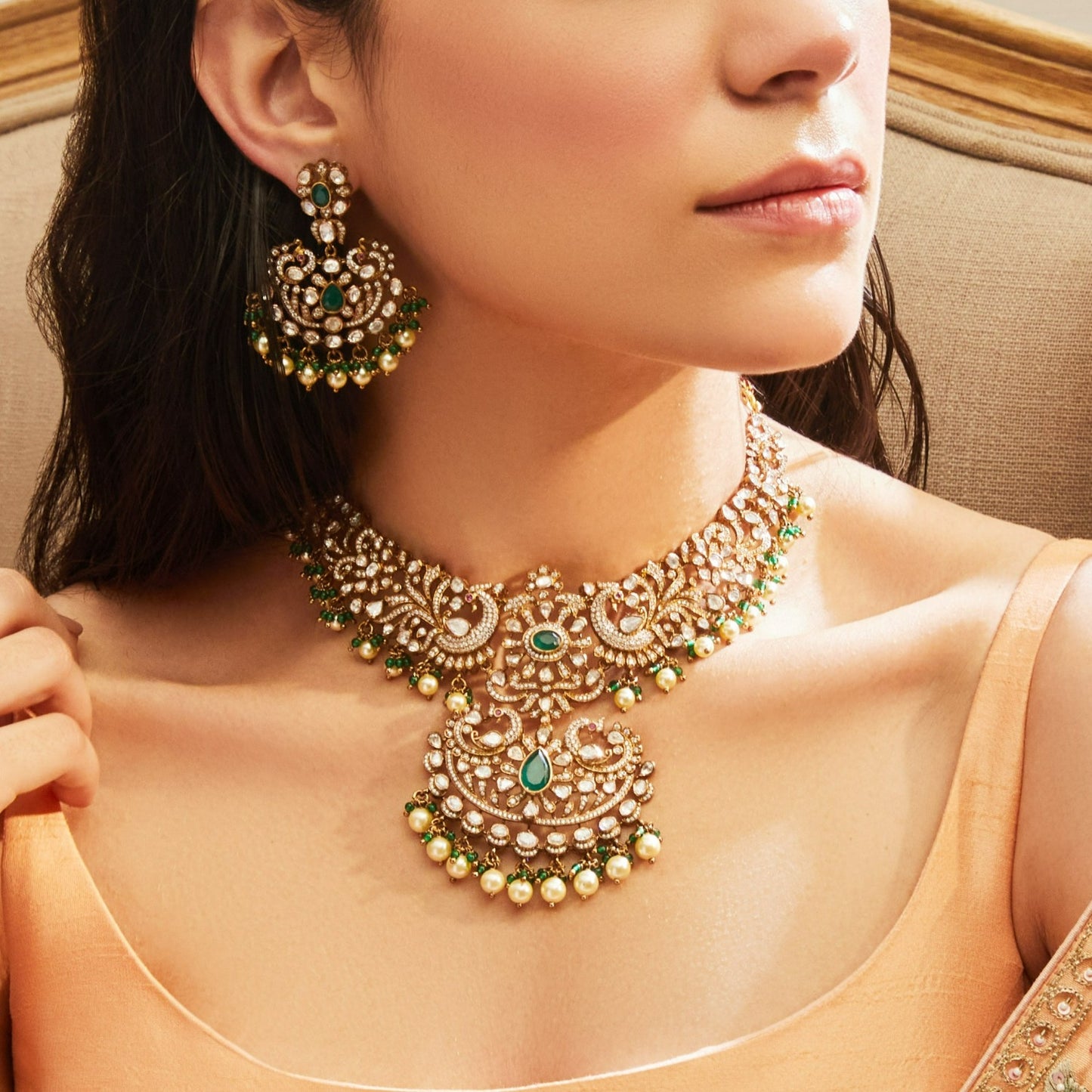 Regal Peacock Silver Moissanite Necklace Set