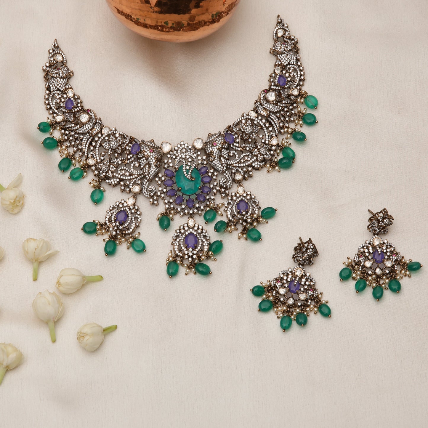 Ishani Moissanite Victorian Silver Necklace Set