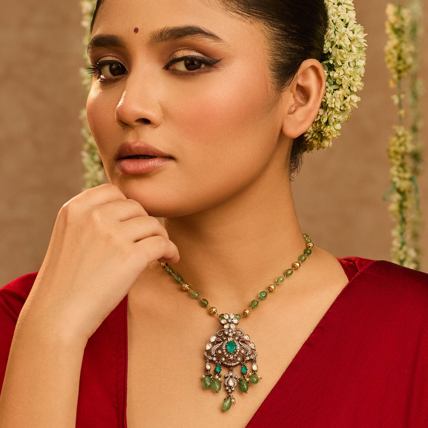Arpita Moissanite Silver Beaded Pendant Necklace