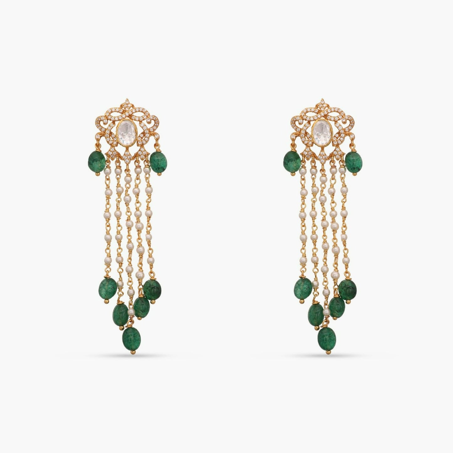Anya Gold Plated Moissaanite and Pearl Chain Silver Earrings