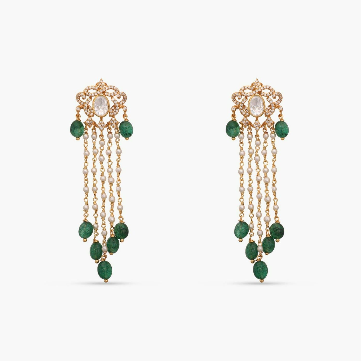 Anya Gold Plated Moissaanite and Pearl Chain Silver Earrings