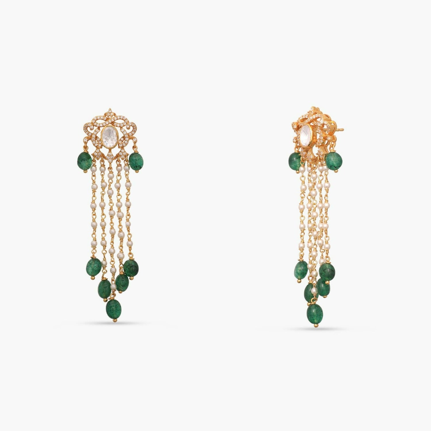 Anya Gold Plated Moissaanite and Pearl Chain Silver Earrings