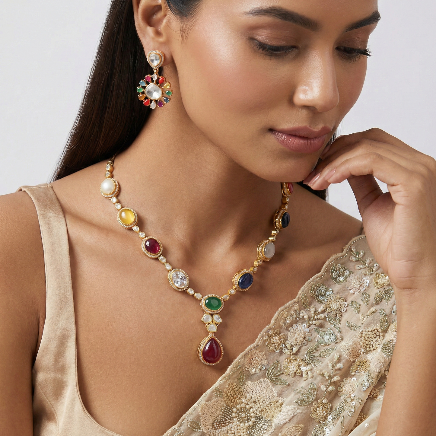 Navaratna and Moissanites Brilliance Silver Necklace