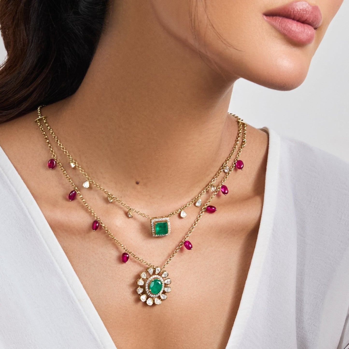 Aarzoo Moissanites and Gemstone Silver Layered Necklace