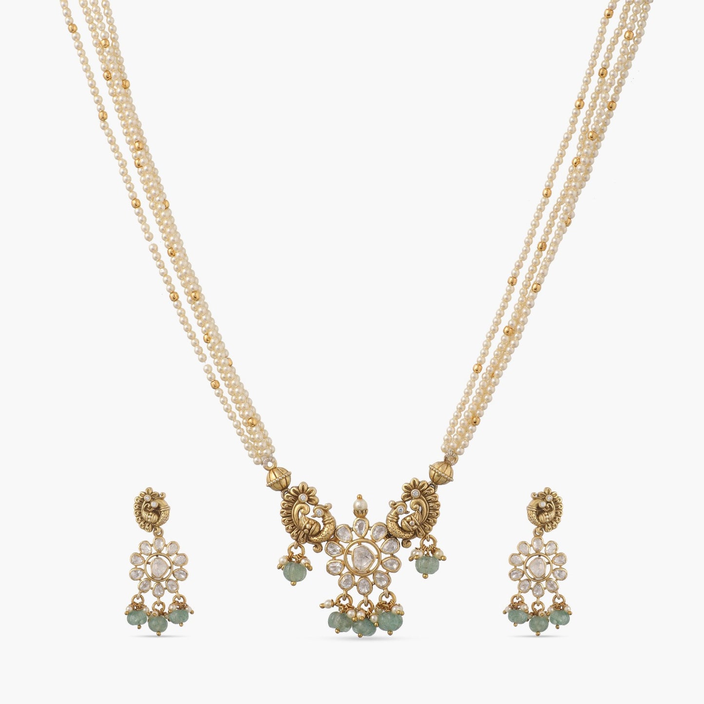 Pearl-Adorned Peacock Silver Moissanite Necklace Set