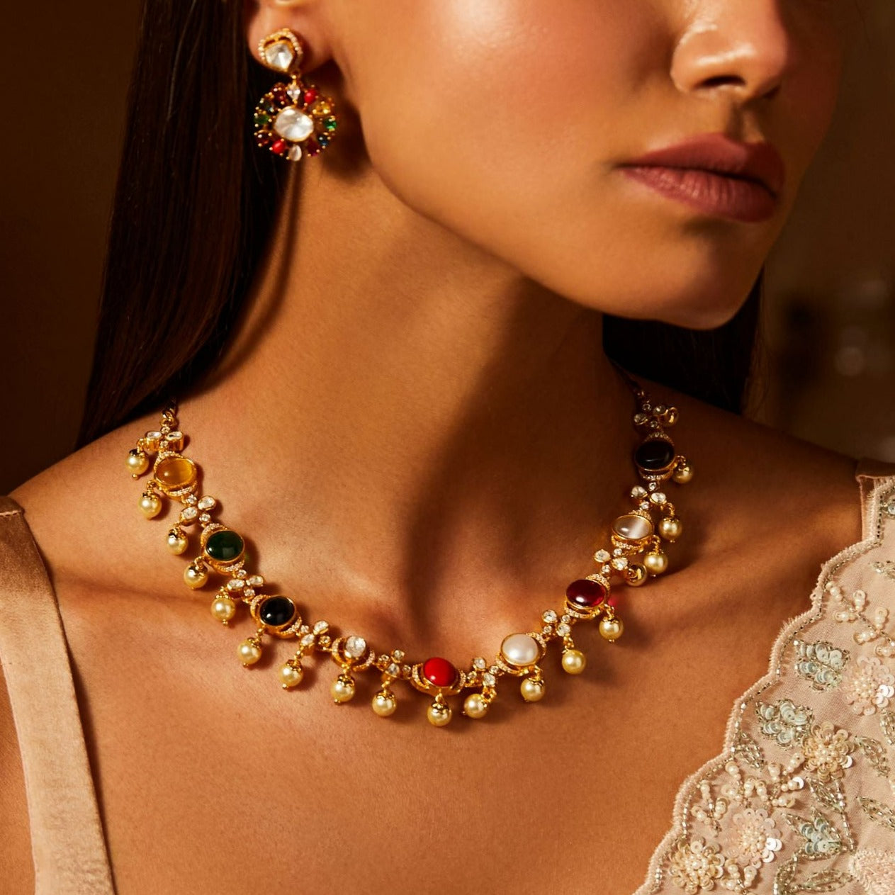 Navratna and Pearl Elegance Silver Necklace