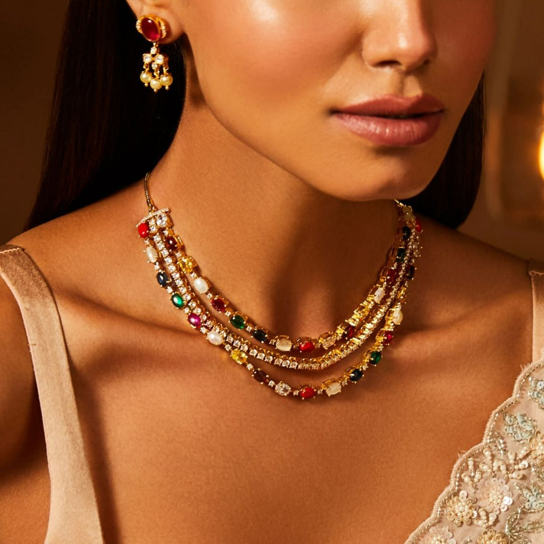 Navratna and CZ Layered Silver Necklace
