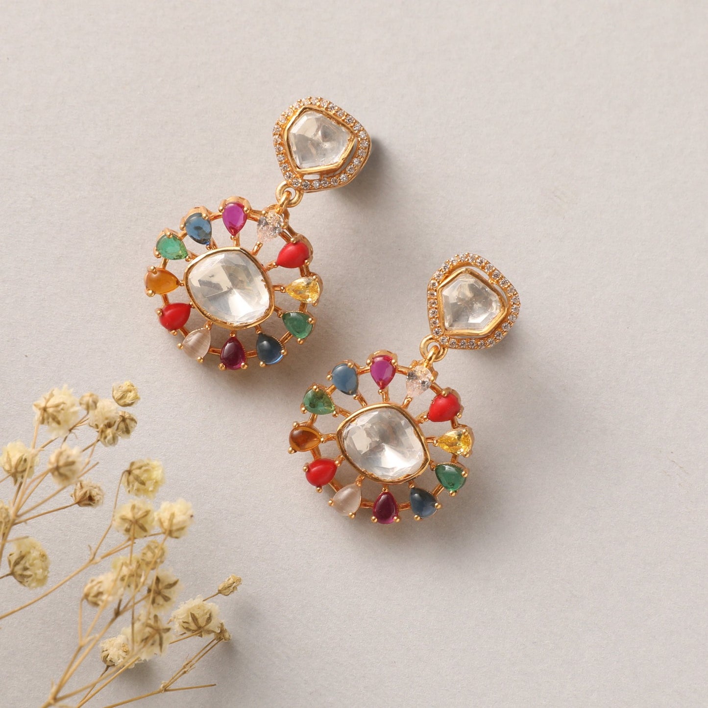 Navratna and Moissanites Brilliance Silver Drop Earrings
