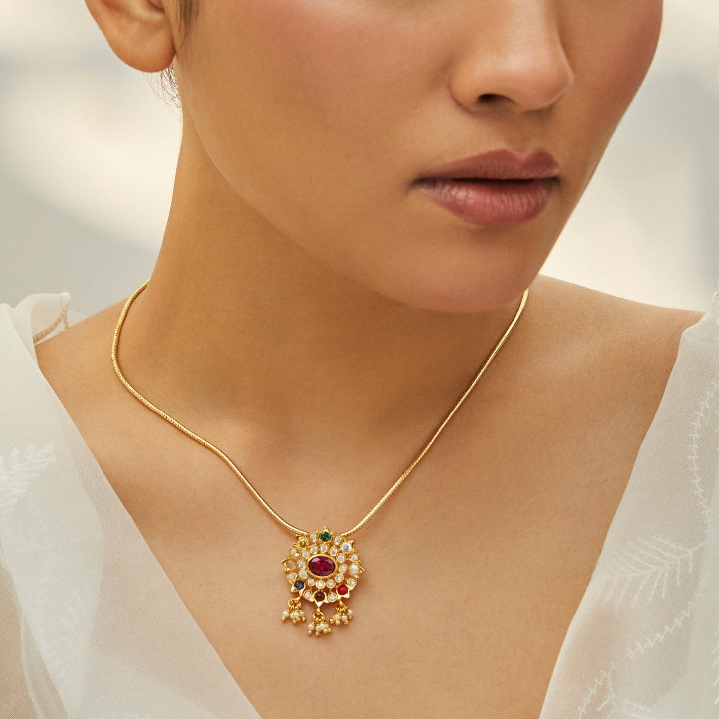 Radiance Navratna Silver Pendant Necklace