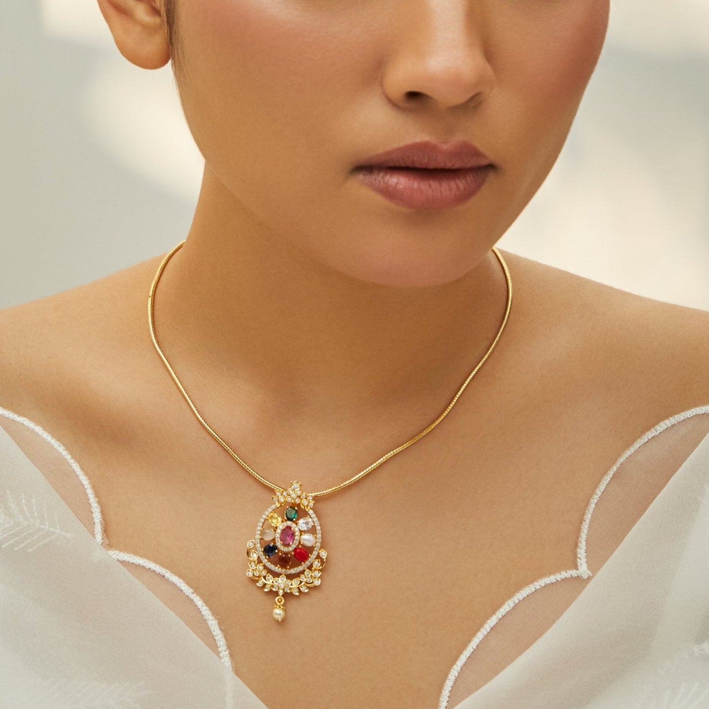 Vasudha Navratna Silver Pendant Necklace
