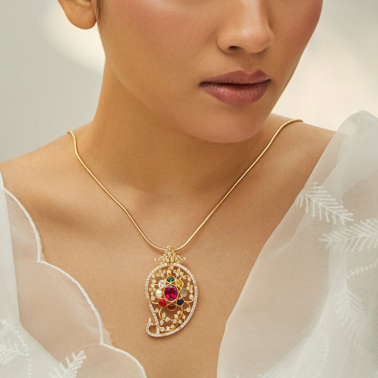 Majestic Navaratna Silver Pendant Necklace