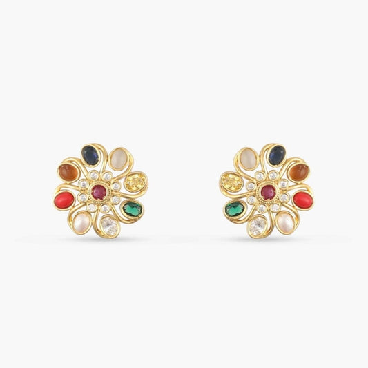Floral Elegance Navaratna Stud Earrings