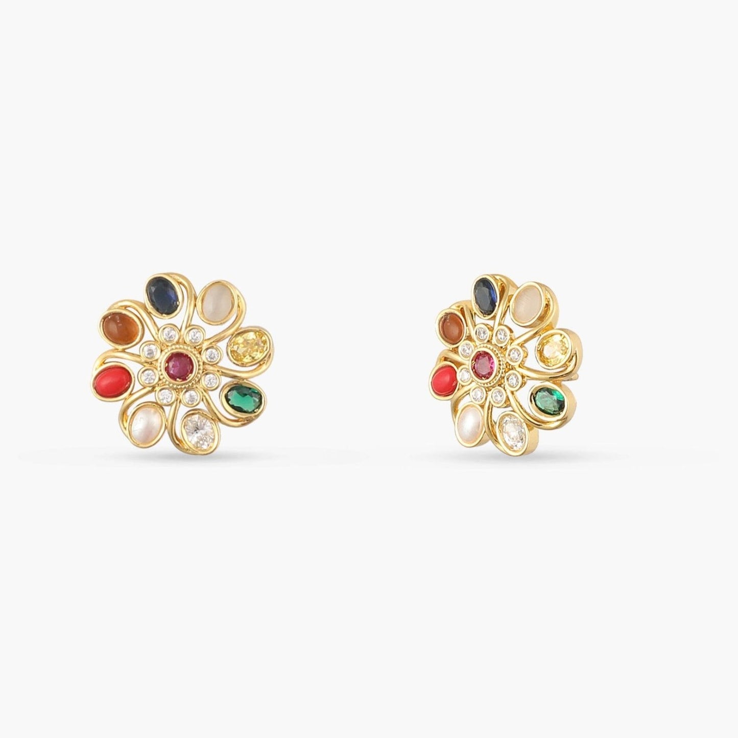Floral Elegance Navaratna Stud Earrings