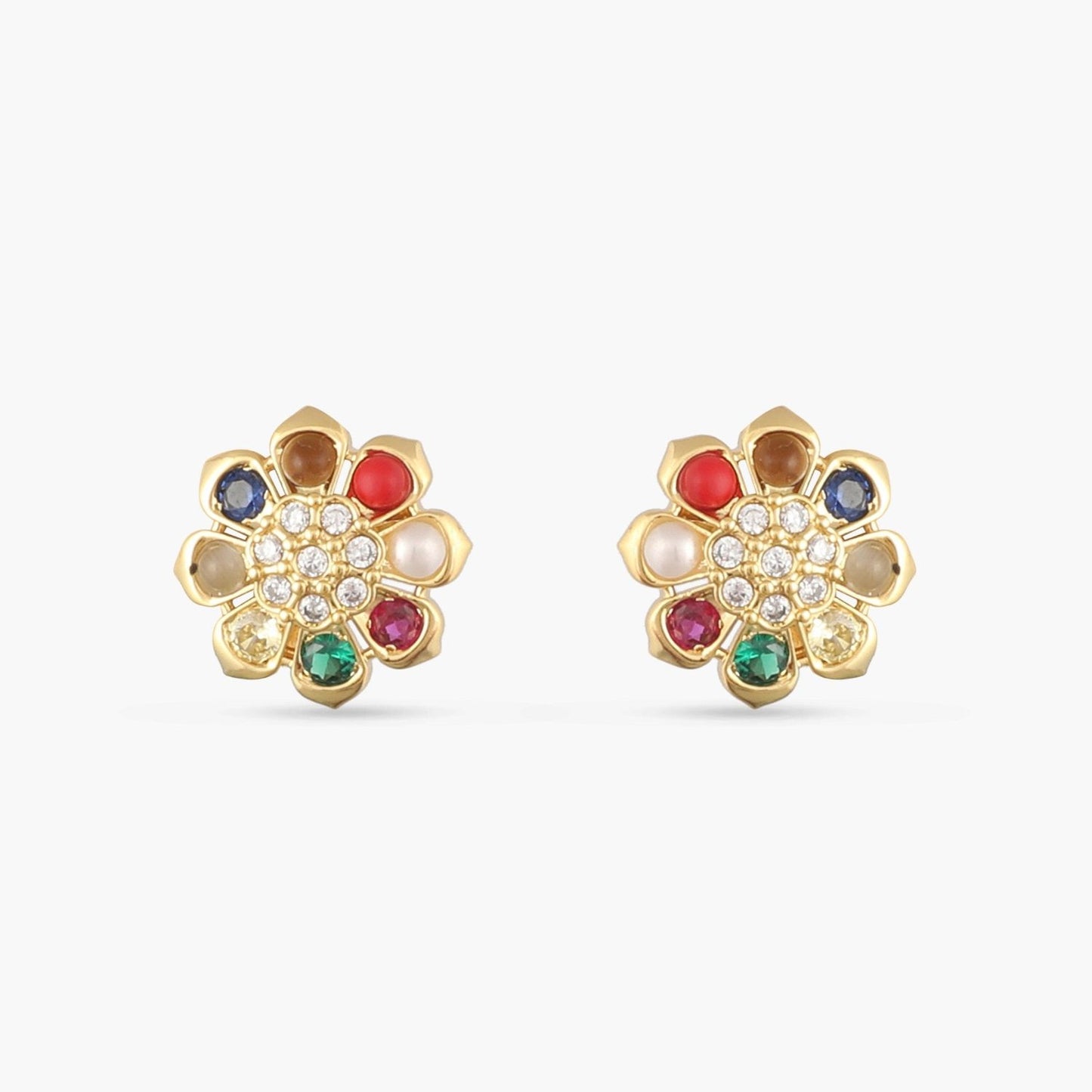 Navaratna Blossom Silver Stud Earrings