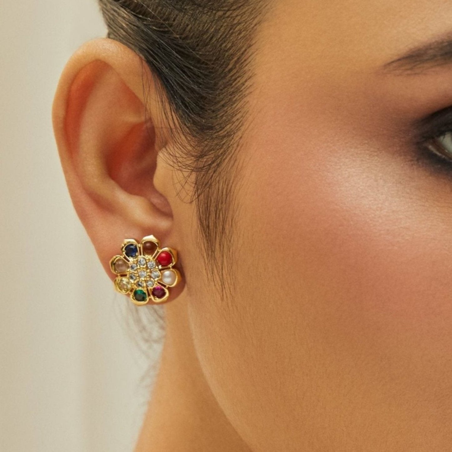 Navaratna Blossom Silver Stud Earrings