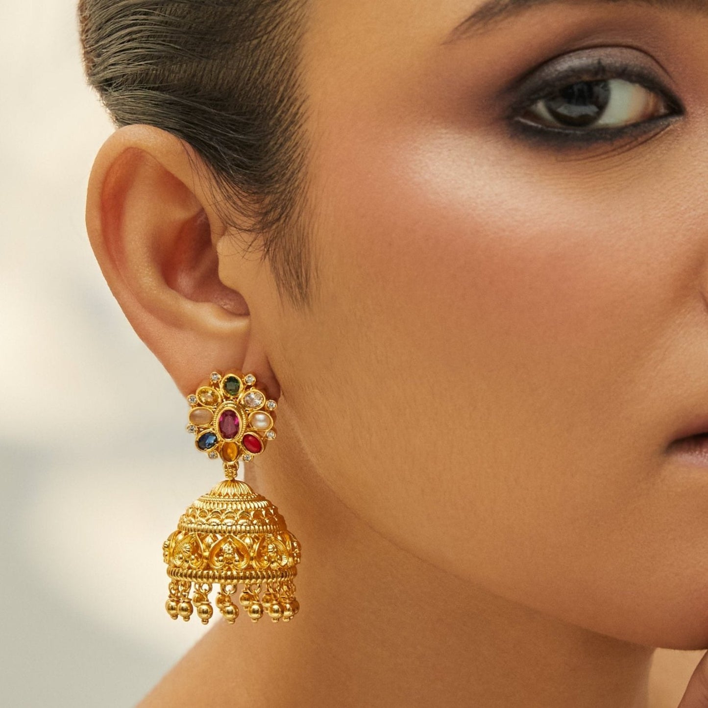 Navaratna Aabhar Silver Jhumka Earrings