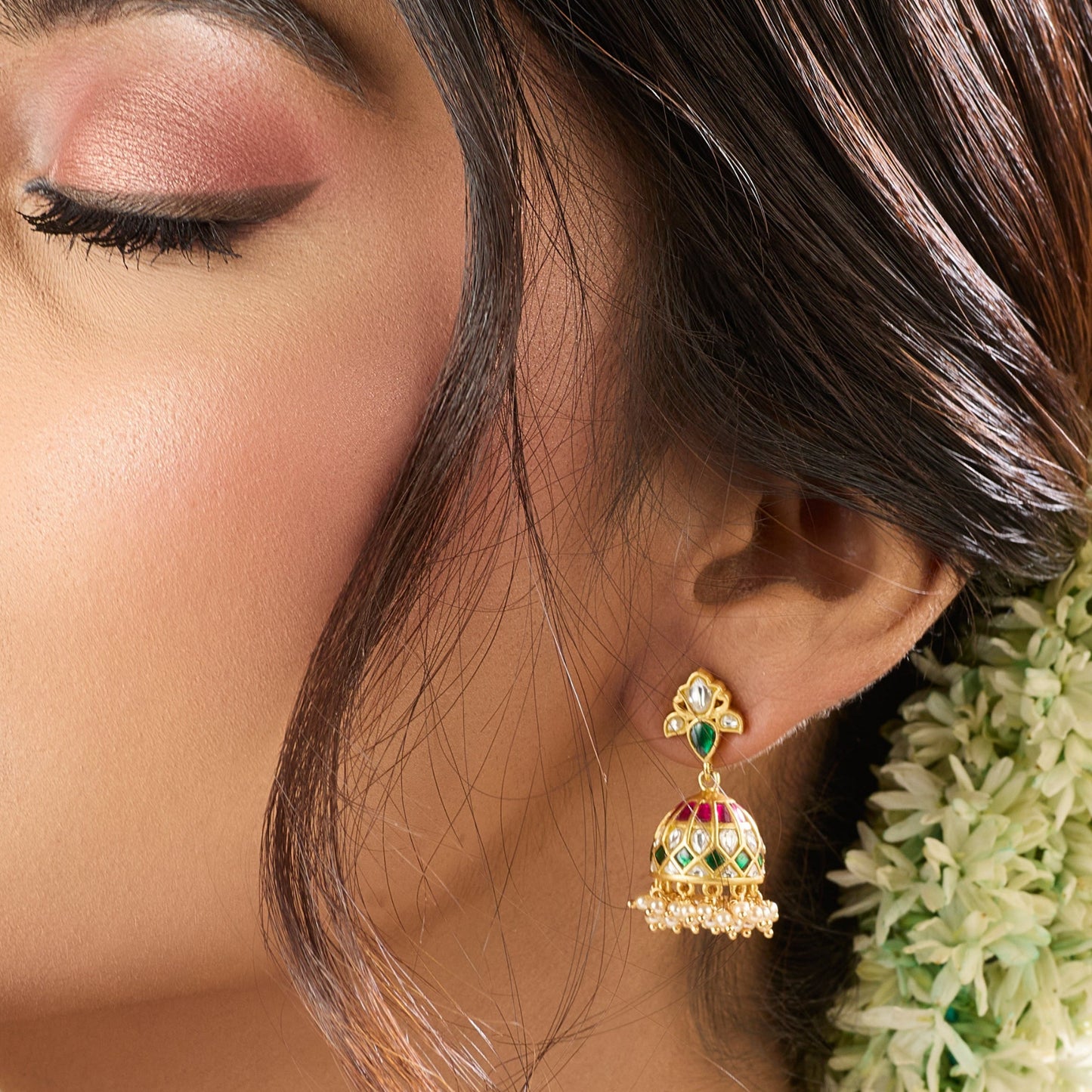 Pushpa Kempu Jadau Silver Jhumka Earrings