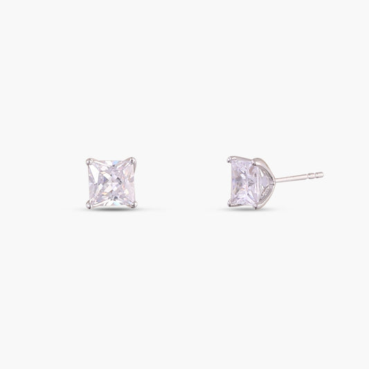 Classic Princess Cut CZ  Solitaire  Silver Stud Earrings, Medium