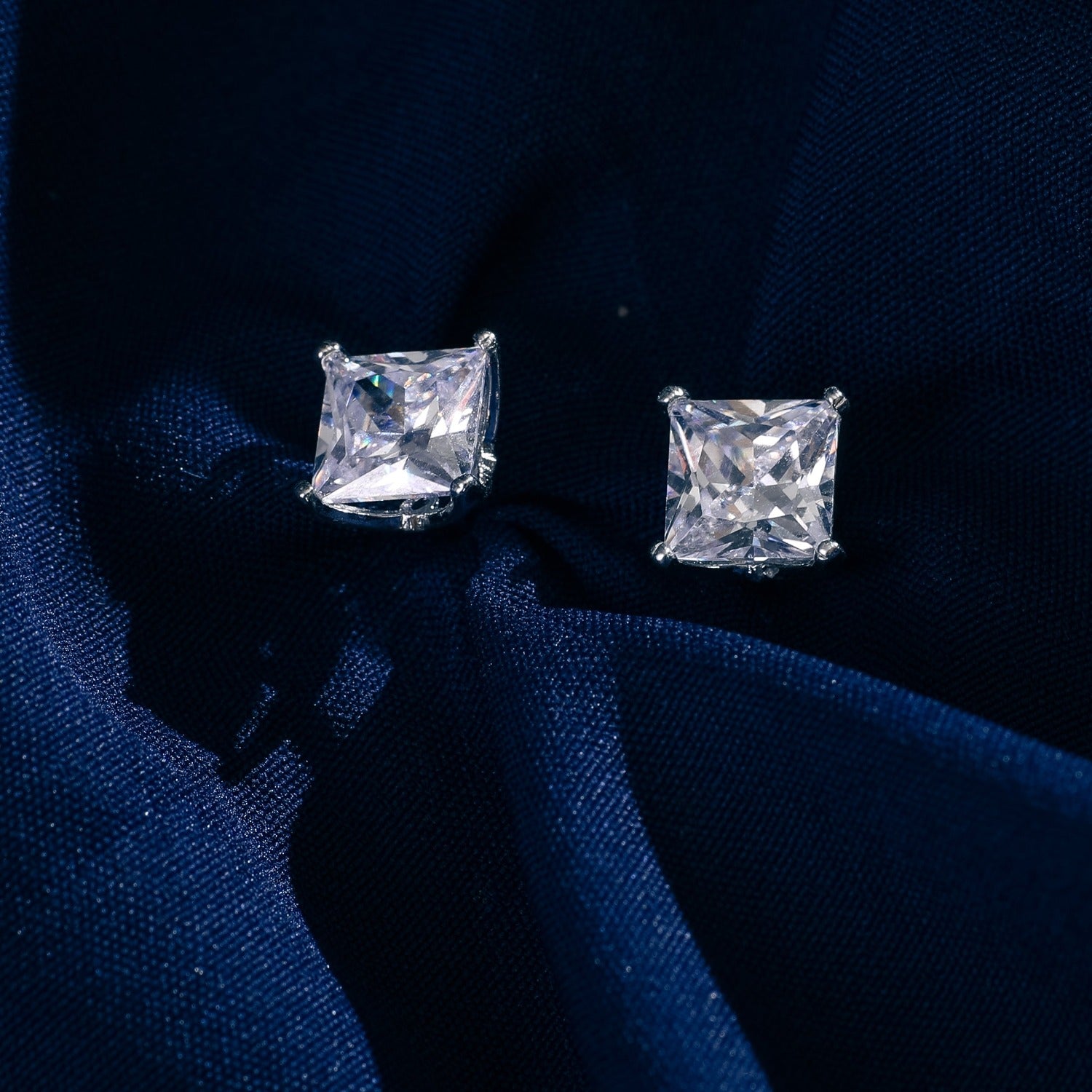 Classic Princess Cut CZ  Solitaire  Silver Stud Earrings, Medium