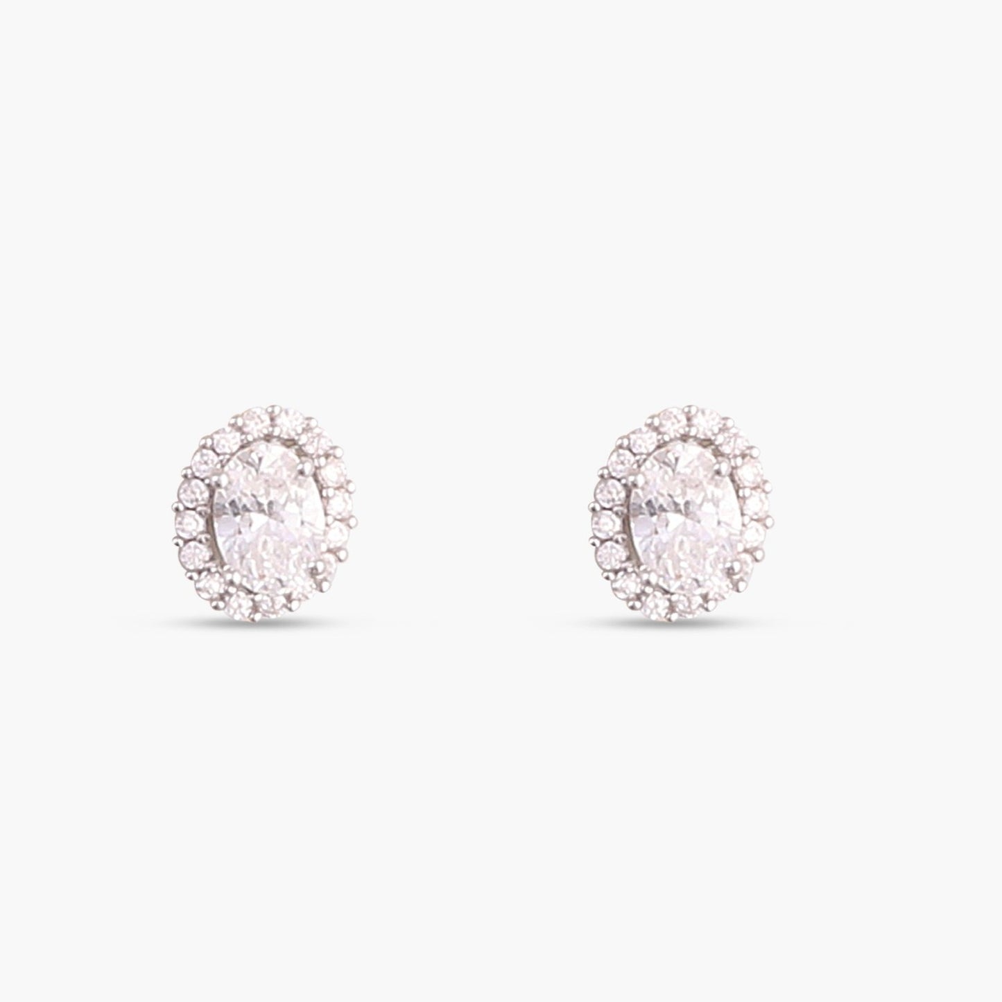 Oval CZ Solitaire and Halo Ear jacket Silver Stud Earrings