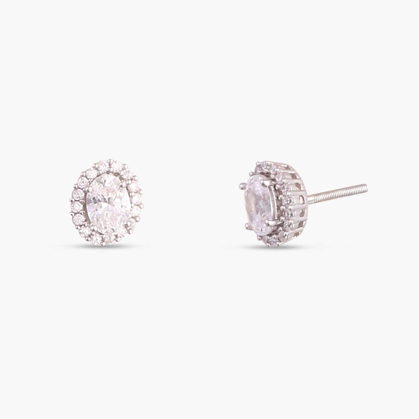 Oval CZ Solitaire and Halo Ear jacket Silver Stud Earrings