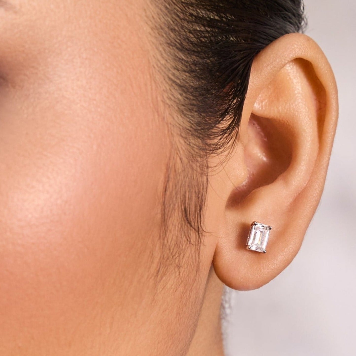 Classic Emerald cut CZ Solitaire Silver Stud Earrings, Mini