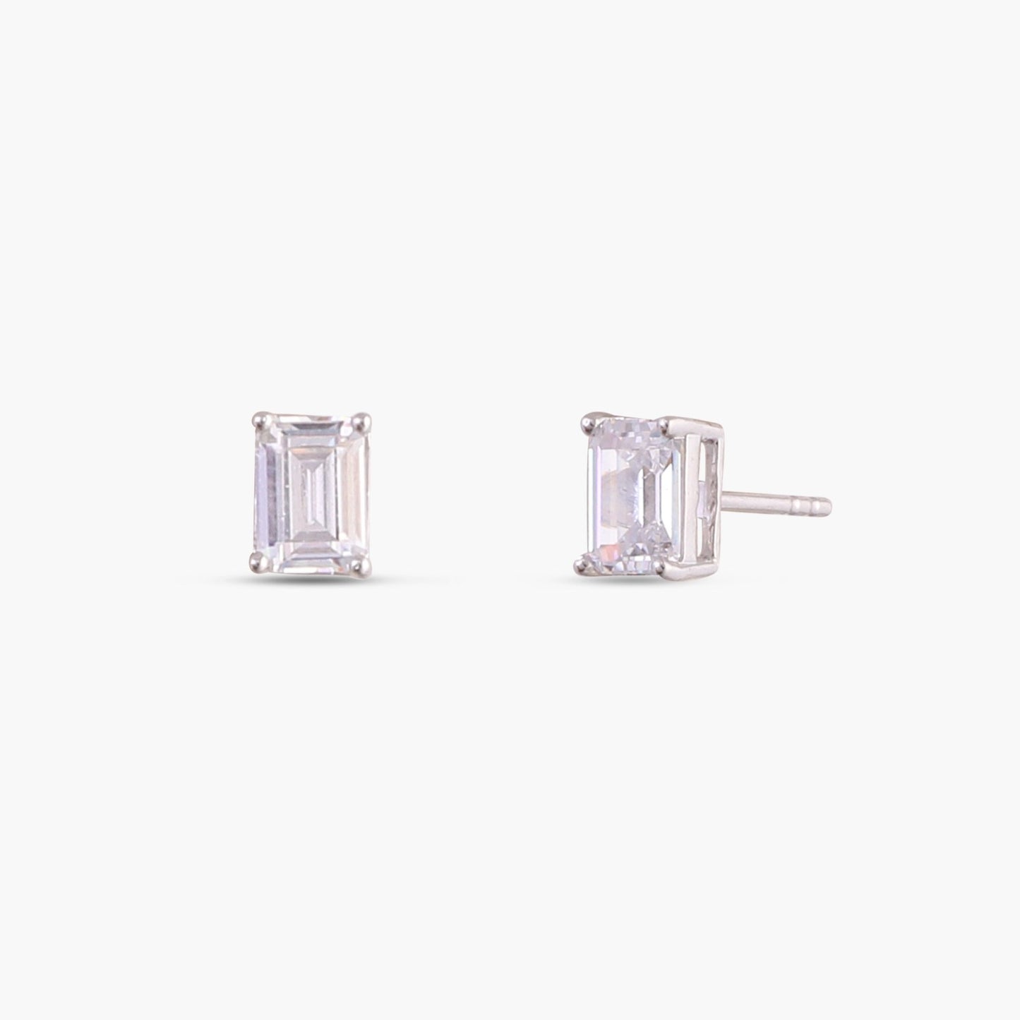 Classic Emerald cut CZ Solitaire Silver Stud Earrings, Small