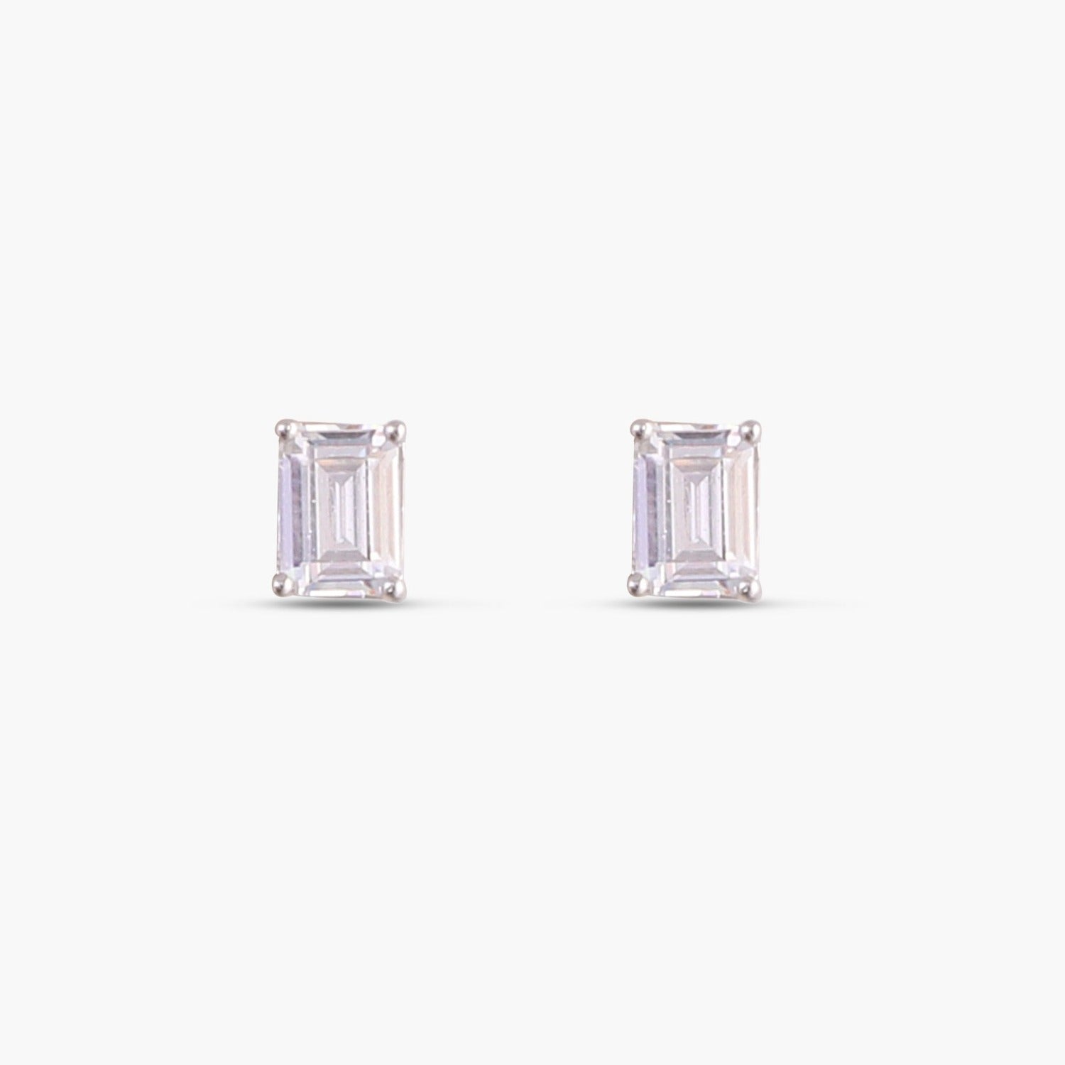 Classic Emerald cut CZ Solitaire Silver Stud Earrings, Small