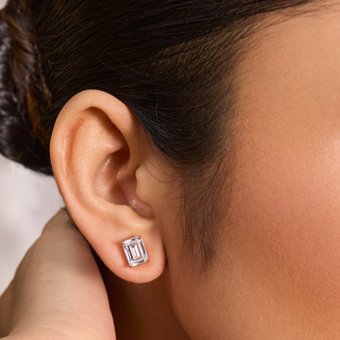 Classic Emerald cut Solitaire Silver Stud Earrings, Medium