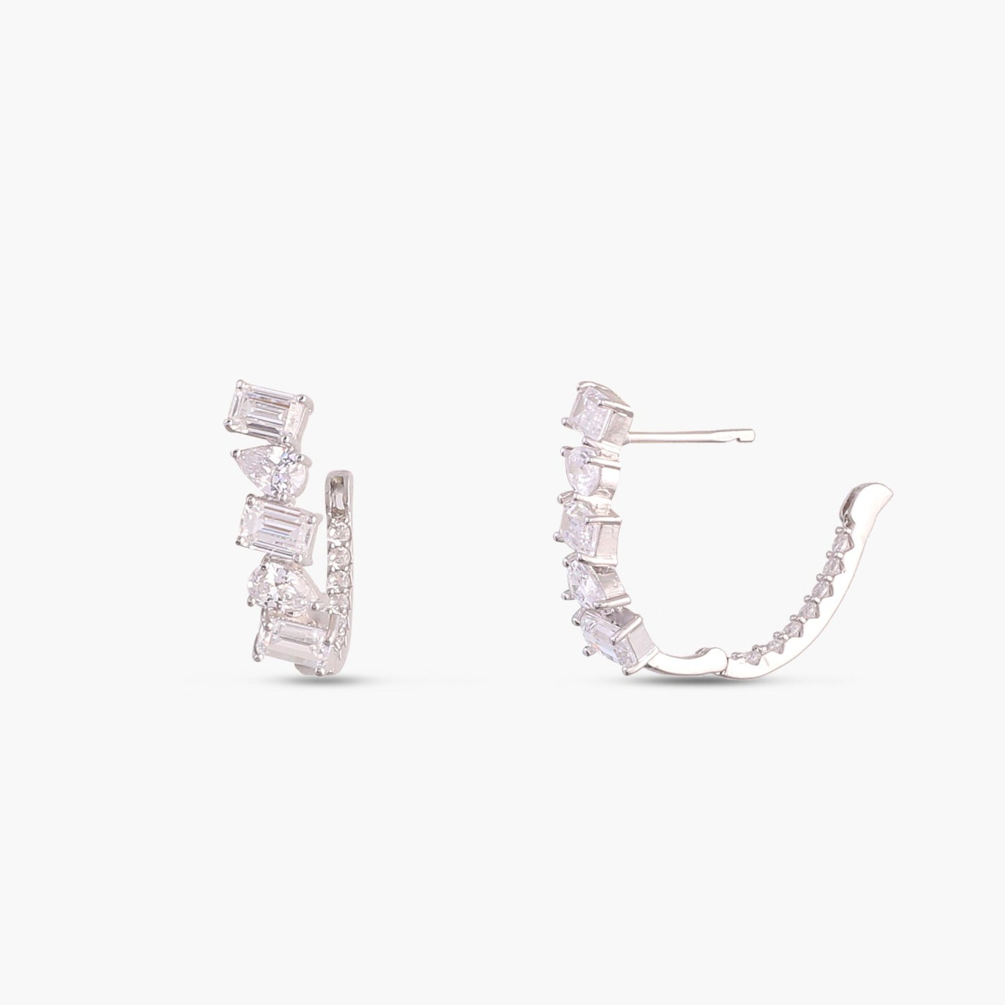 Drop and Emerald Cut CZ Silver Hoop Earrings