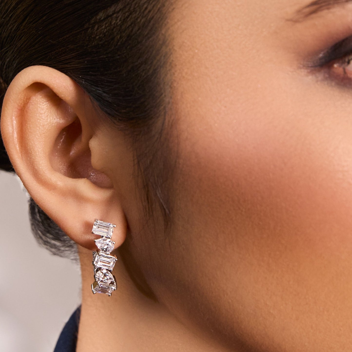 Drop and Emerald Cut CZ Silver Hoop Earrings