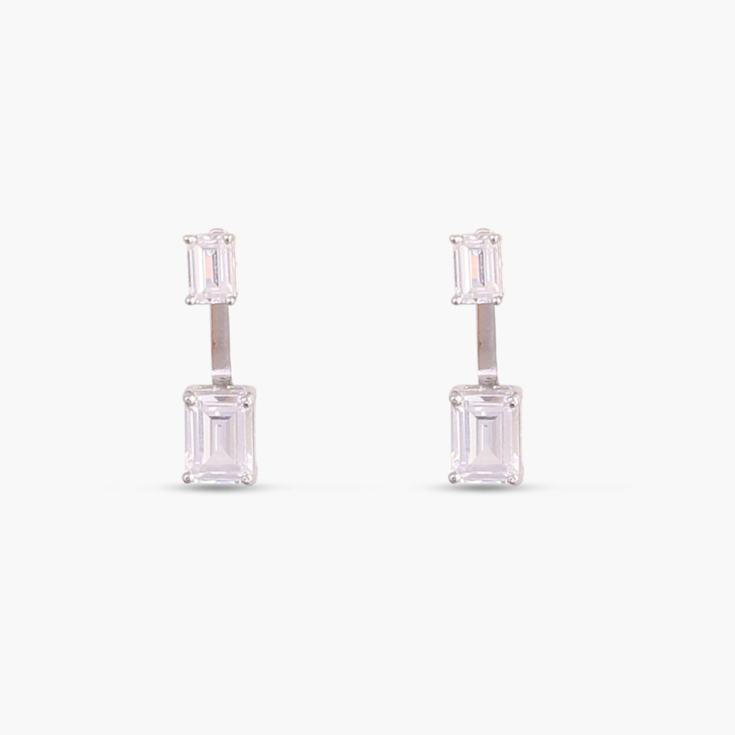 Emerald cut CZ with Detachable Ear jacket Silver Stud Earrings