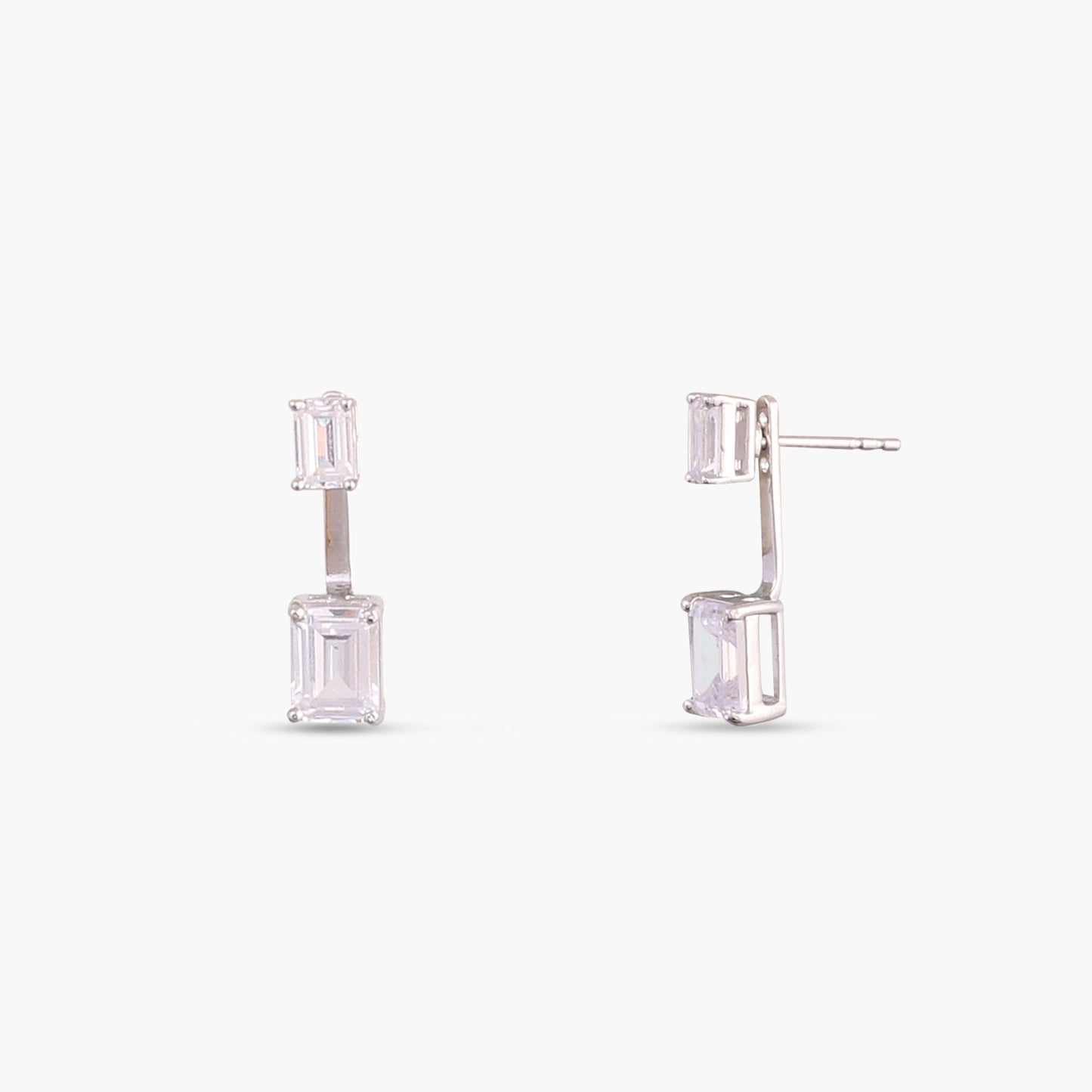 Emerald cut CZ with Detachable Ear jacket Silver Stud Earrings