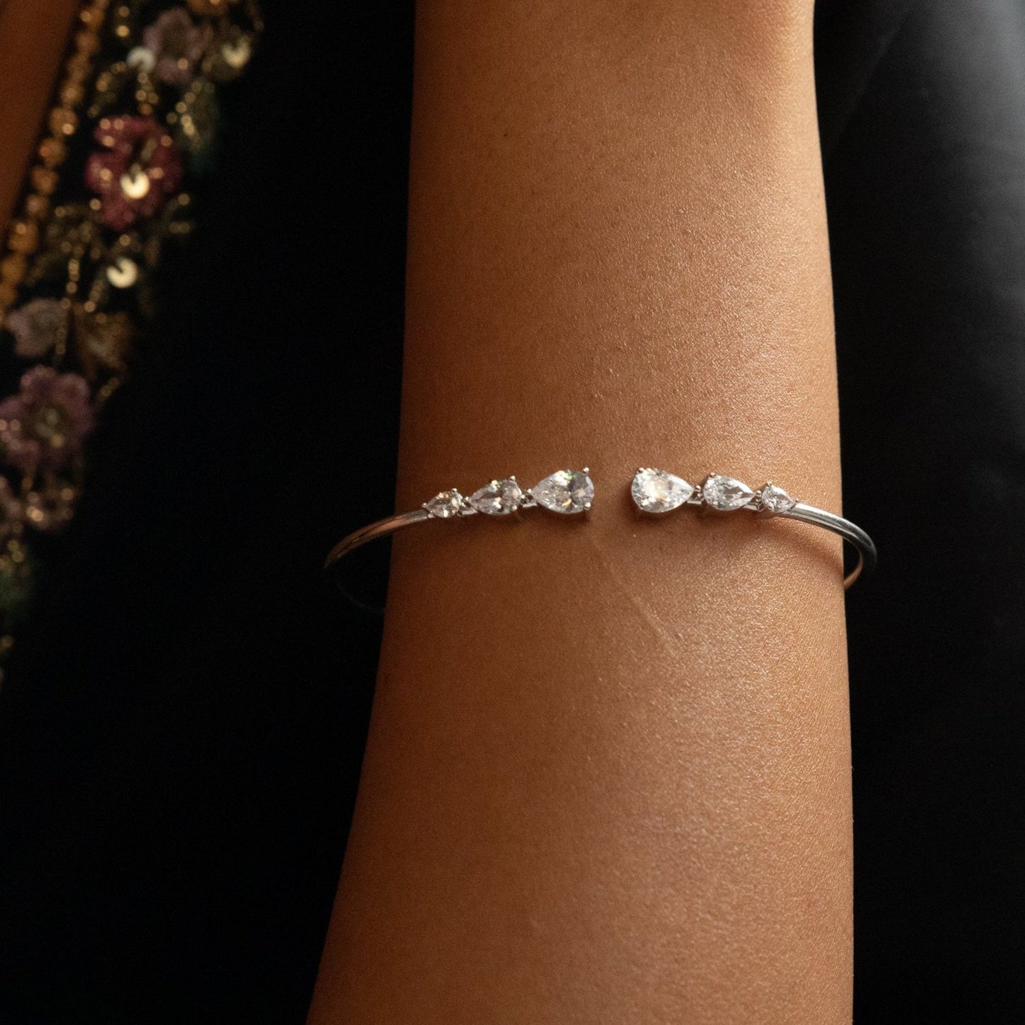 Elara CZ Teardrop Open Silver Bracelet